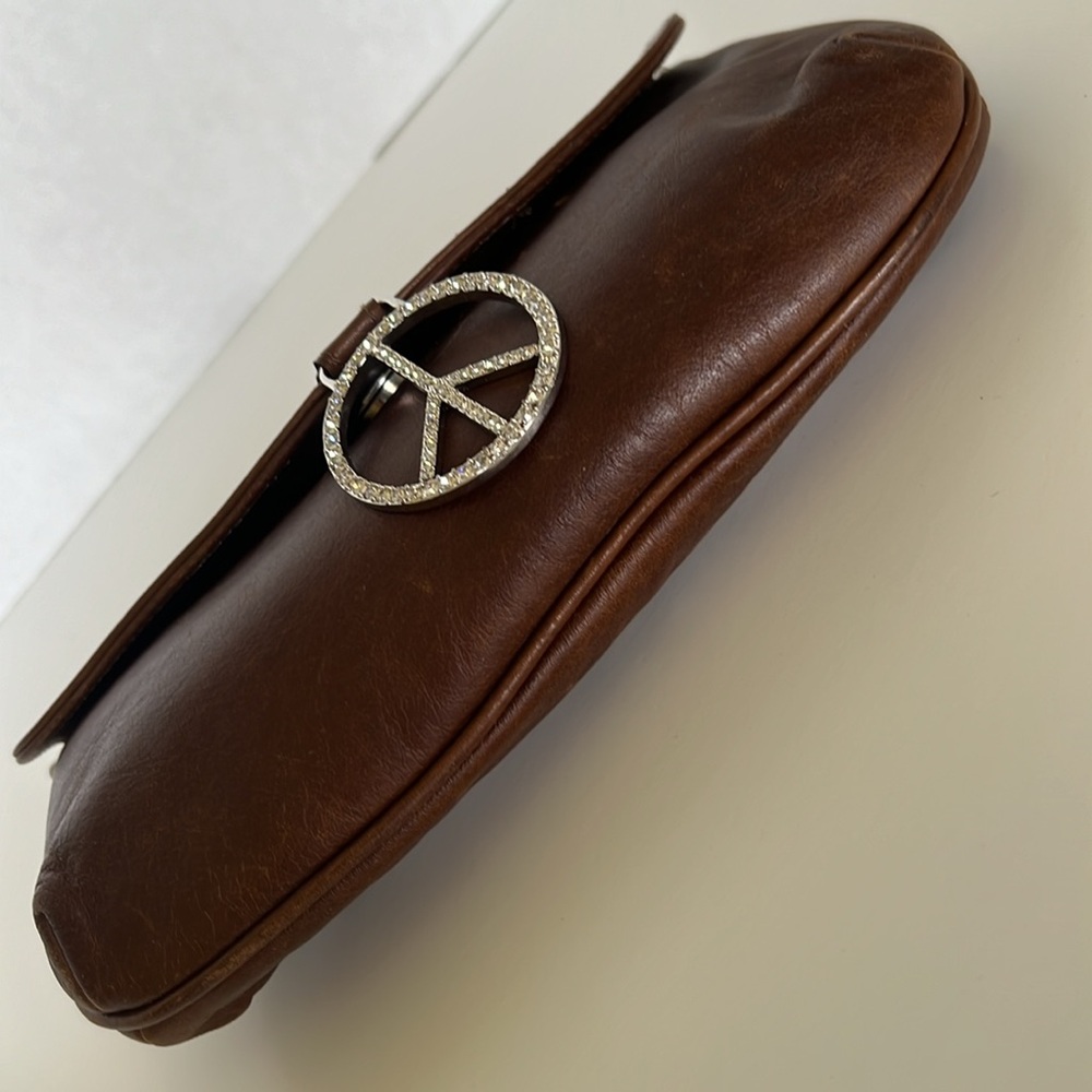 ❤️ Vintage Sherry Wolf Crystal Peace Sign Leather Convertible Clutch Bag w/Chain - Picture 6 of 15